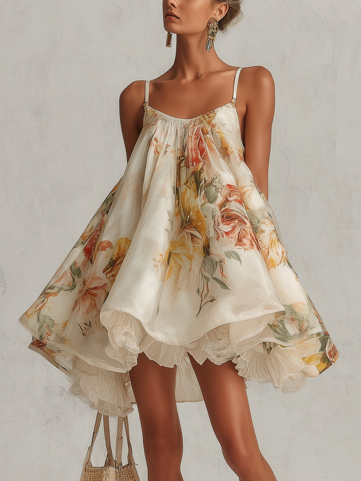 Blanche | Mini A-lijn Vestido en Organza de Flores Beiges con Acabado de Encaje