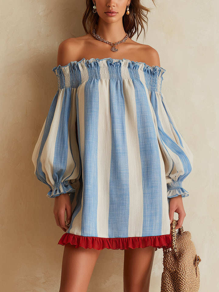 Ondine | Mini Vestido Rayado Azul y Blanco con Hombros Descubiertos y Dobladillo en Contraste