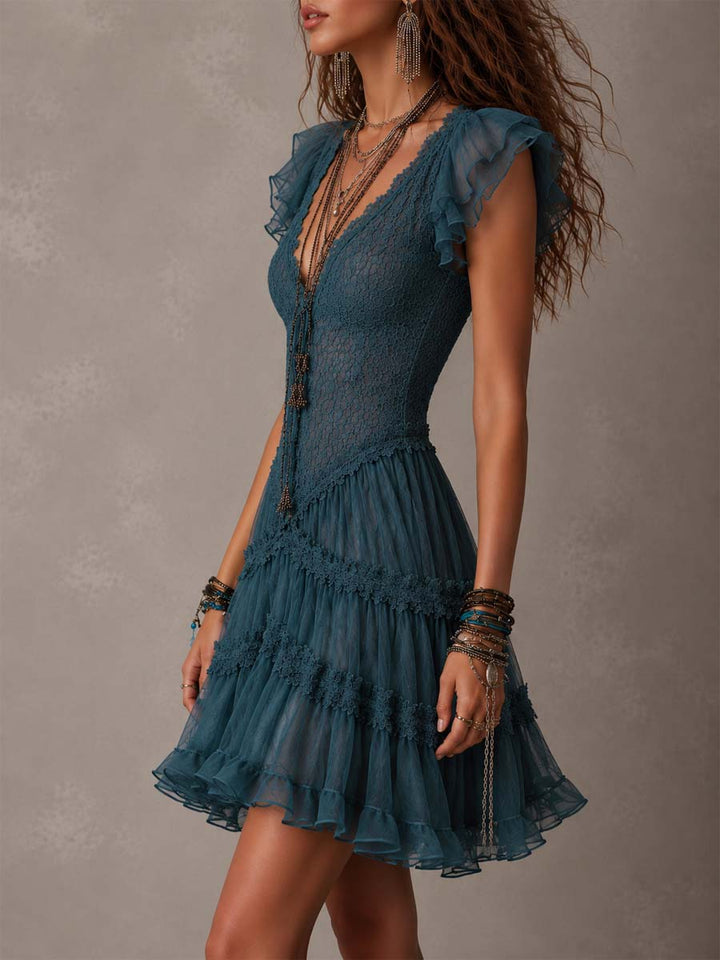 Delphine | Mini Vestido con Volantes de Encaje y Muselina Retro Azul
