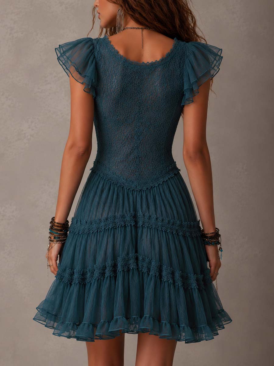 Delphine | Mini Vestido con Volantes de Encaje y Muselina Retro Azul