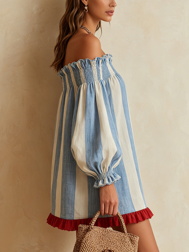 Ondine | Mini Vestido Rayado Azul y Blanco con Hombros Descubiertos y Dobladillo en Contraste