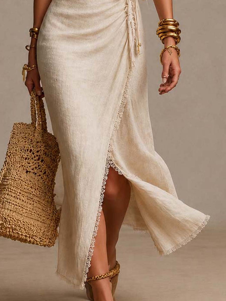 Tess™ | Vestido midi con escote cruzado en el frente, volantes y borde de encaje