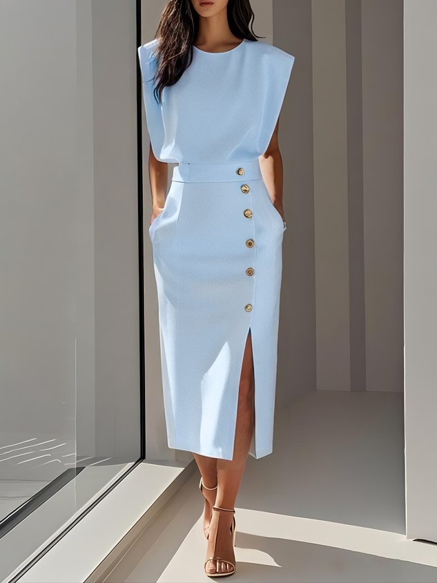 Malene™ | Vestido midi liso con abertura de botones y escote redondeado