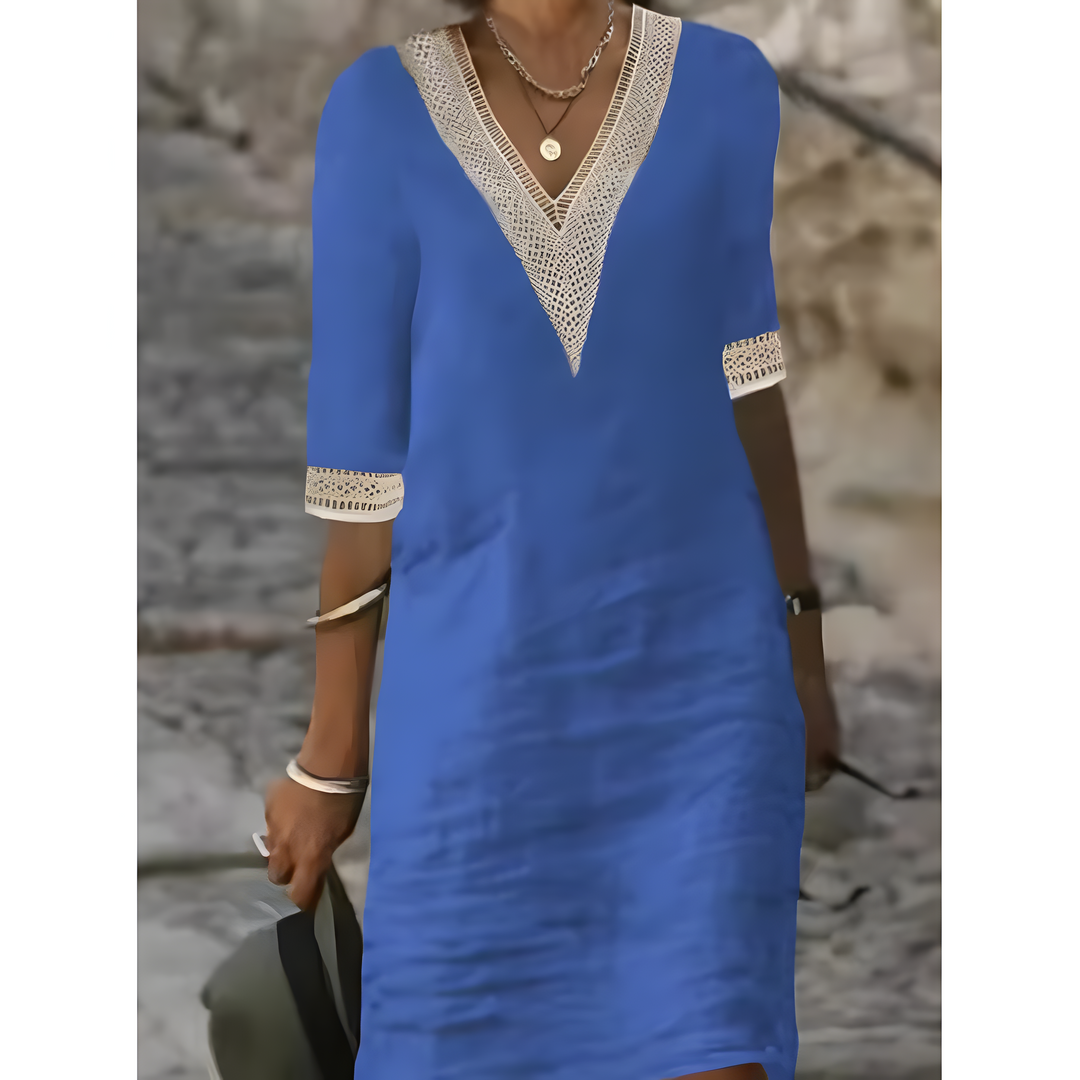 Isabeau™ | Vestido Midi con Escote en V y Detalles de Encaje Contrastante