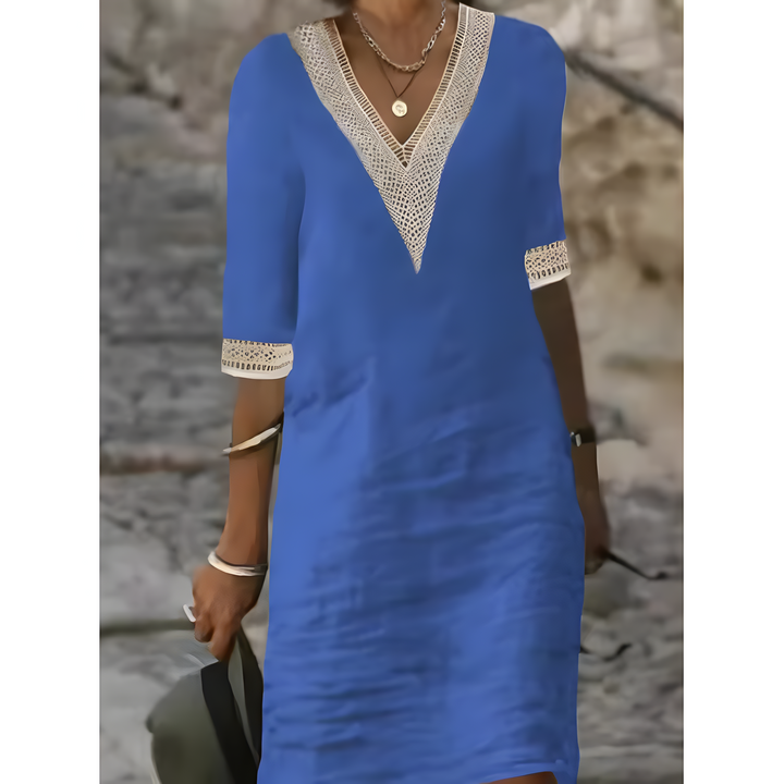 Isabeau™ | Vestido Midi con Escote en V y Detalles de Encaje Contrastante
