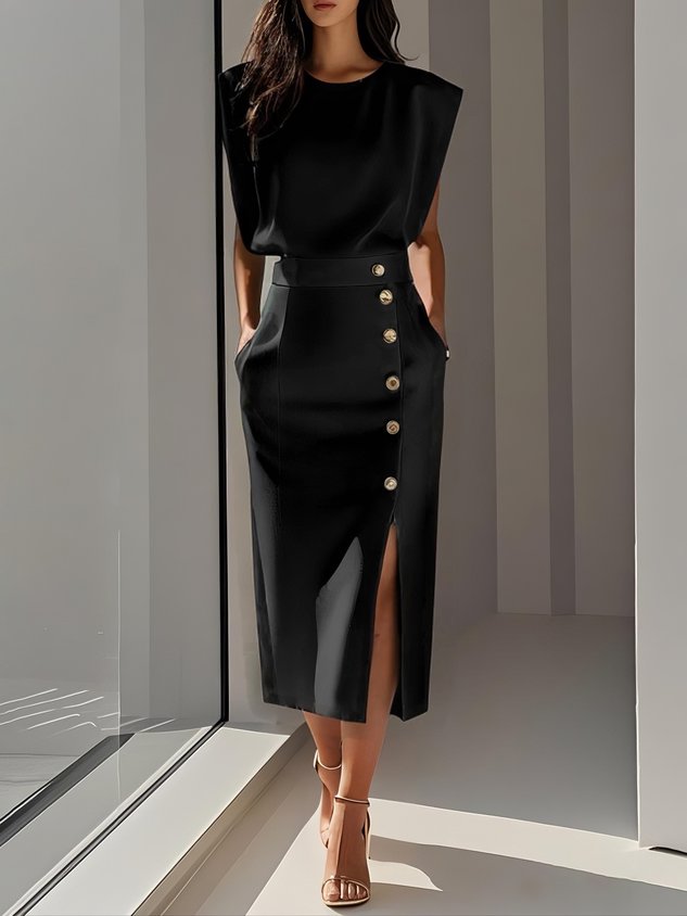 Malene™ | Vestido midi liso con abertura de botones y escote redondeado