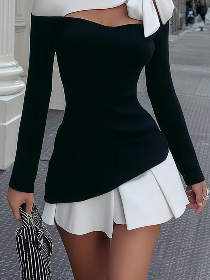 Faustine | Mini Vestido Blanco y Negro con Tirantes y Lazo Cosido