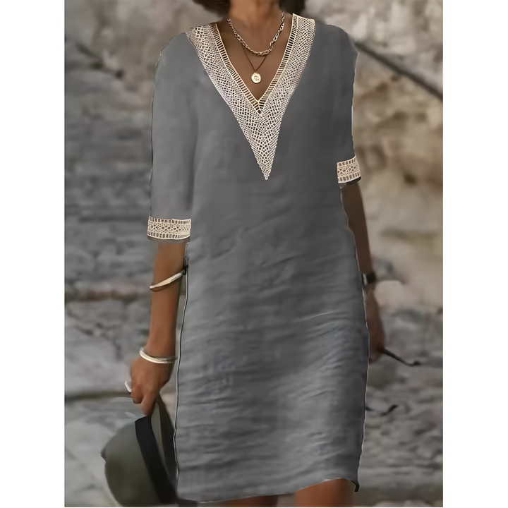 Isabeau™ | Vestido Midi con Escote en V y Detalles de Encaje Contrastante