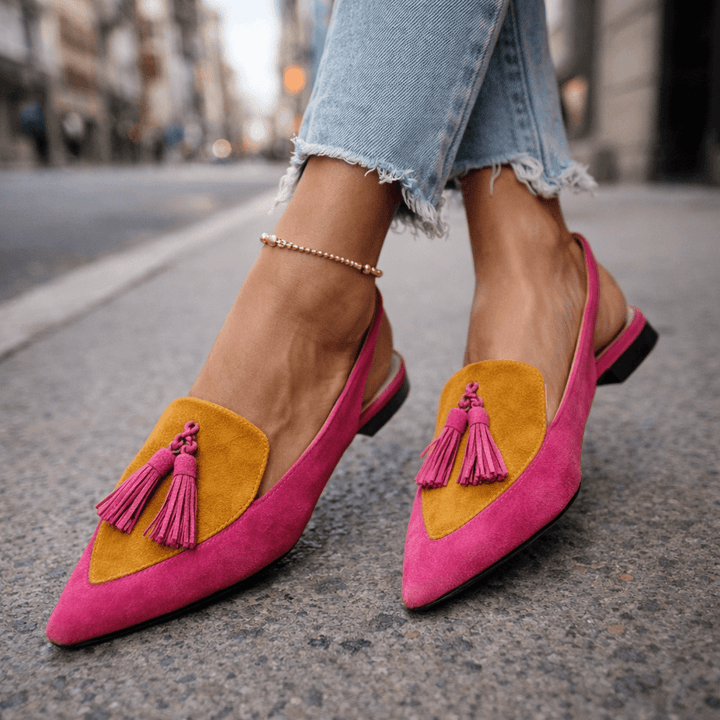 Nexoria - Mules Bicolores Elegantes para Mujeres con Pompones de Moda