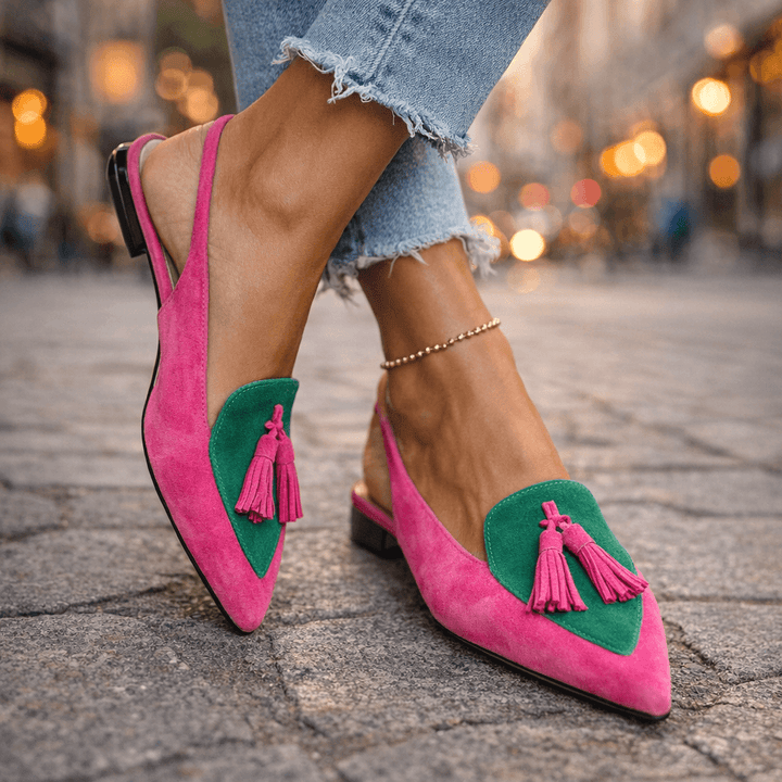 Nexoria - Mules Bicolores Elegantes para Mujeres con Pompones de Moda