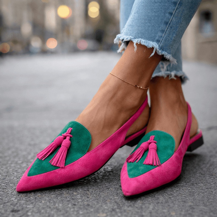 Nexoria - Mules Bicolores Elegantes para Mujeres con Pompones de Moda