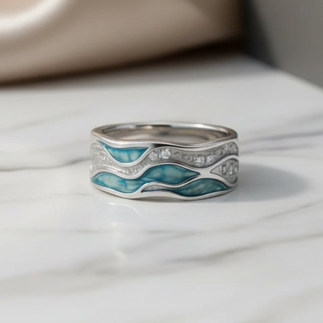 Anillo de Plata con Olas Turquesa