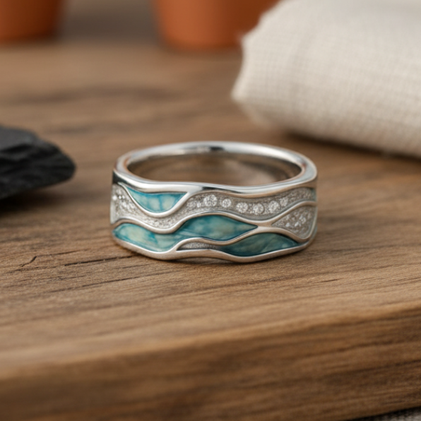 Anillo de Plata con Olas Turquesa