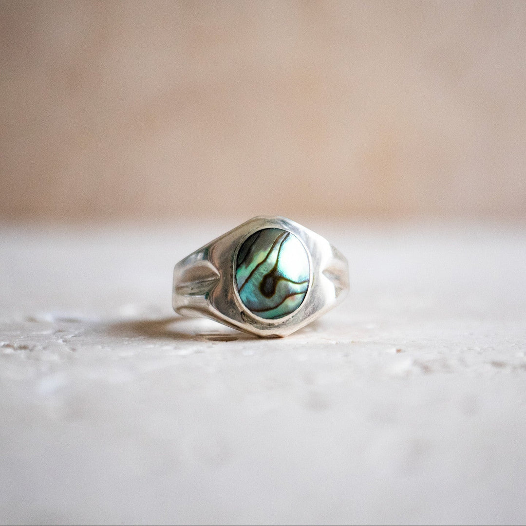 Gran Anillo Sello en Concha de Abulón en Plata Esterlina 925 - Anillo de Madreperla, Anillo Statement azul hecho a mano