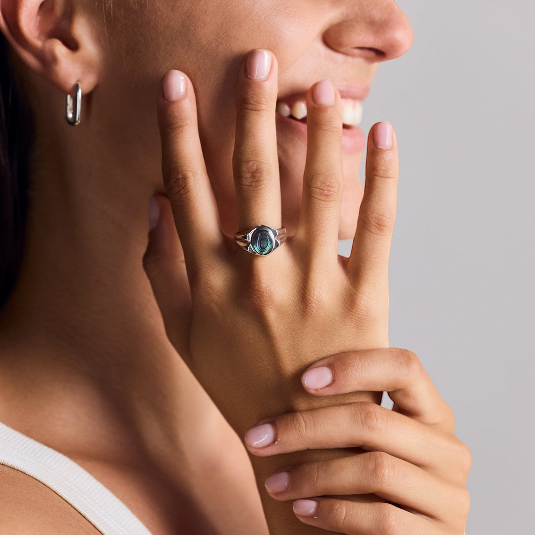 Gran Anillo Sello en Concha de Abulón en Plata Esterlina 925 - Anillo de Madreperla, Anillo Statement azul hecho a mano