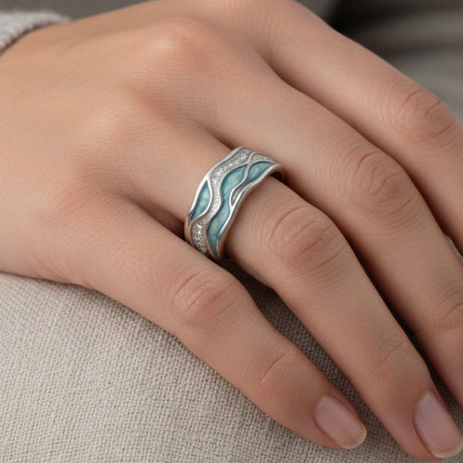 Anillo de Plata con Olas Turquesa