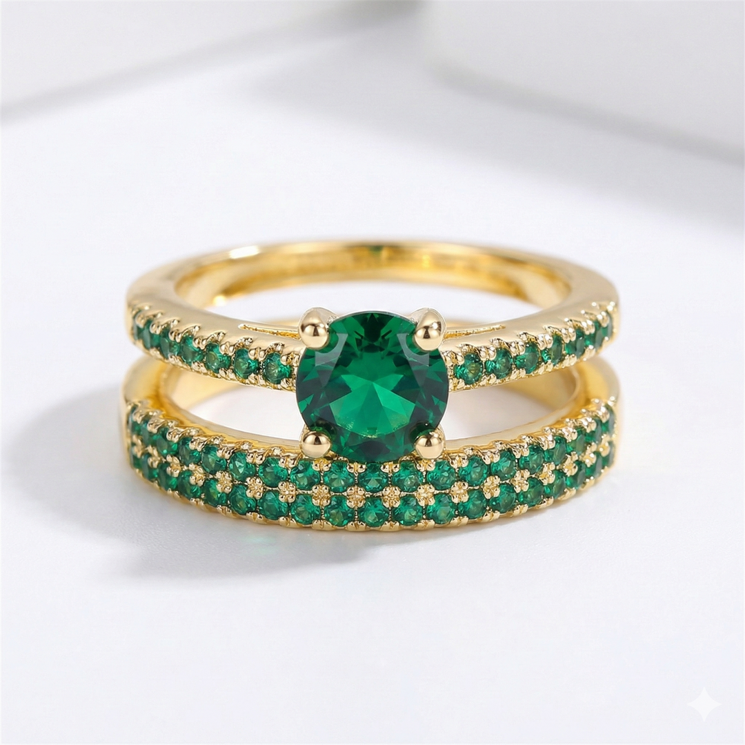 Anillo Dúo Esmeralda Serena Conjunto en Oro