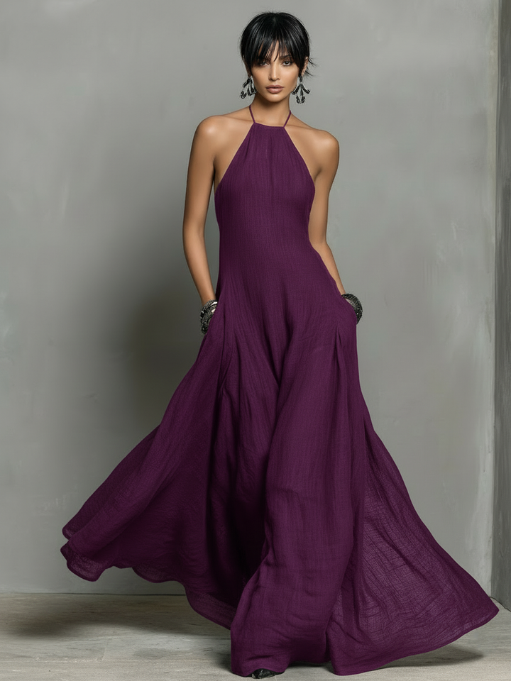 Vestido Maxi Sin Mangas de Mezcla de Lino Minimalista para Mujeres MDZ2210A0Y