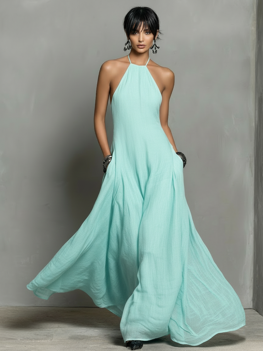 Vestido Maxi Sin Mangas de Mezcla de Lino Minimalista para Mujeres MDZ2210A0Y