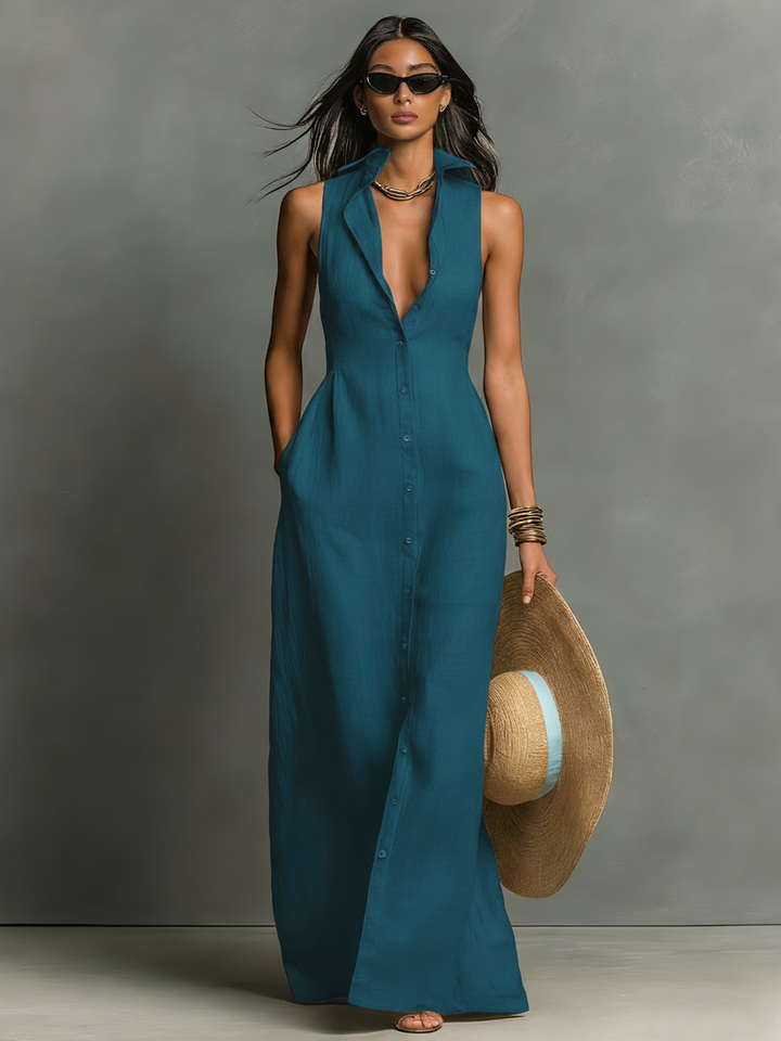 Vestido Camisa Maxi Sin Mangas con Cuello Minimalista en Mezcla de Lino para Mujeres MDZ1011C0Y