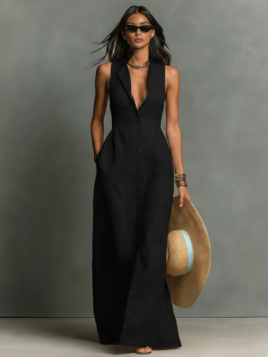 Vestido Camisa Maxi Sin Mangas con Cuello Minimalista en Mezcla de Lino para Mujeres MDZ1011C0Y