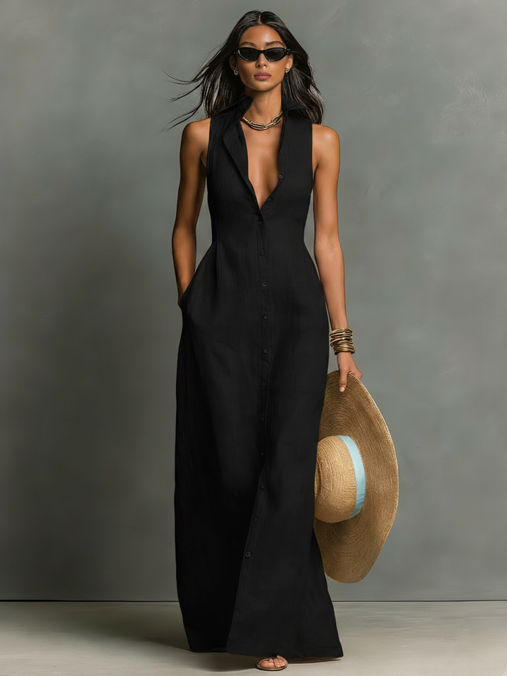 Vestido Camisa Maxi Sin Mangas con Cuello Minimalista en Mezcla de Lino para Mujeres MDZ1011C0Y