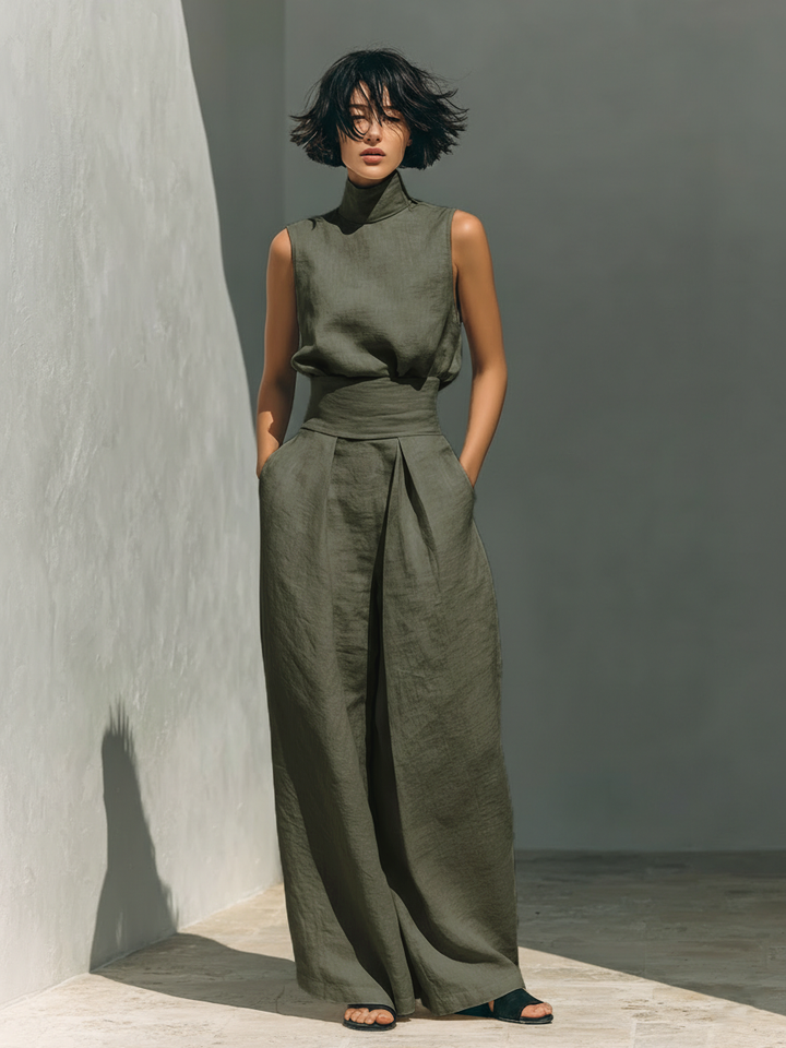 Conjunto de Blusa Sin Mangas en Mezcla de Algodón y Lino y Pantalón Ancho MDZ0873A5Y