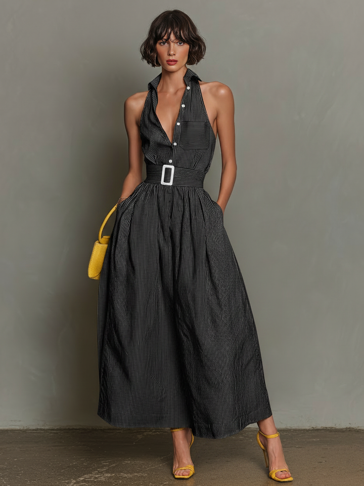 Vestido Maxi Sin Mangas con Cuello Rayado Minimalista para Mujeres MDZ1099D5Y