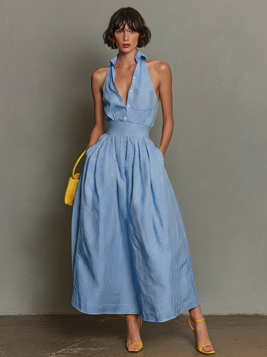 Vestido Maxi Sin Mangas con Cuello Rayado Minimalista para Mujeres MDZ1099D5Y