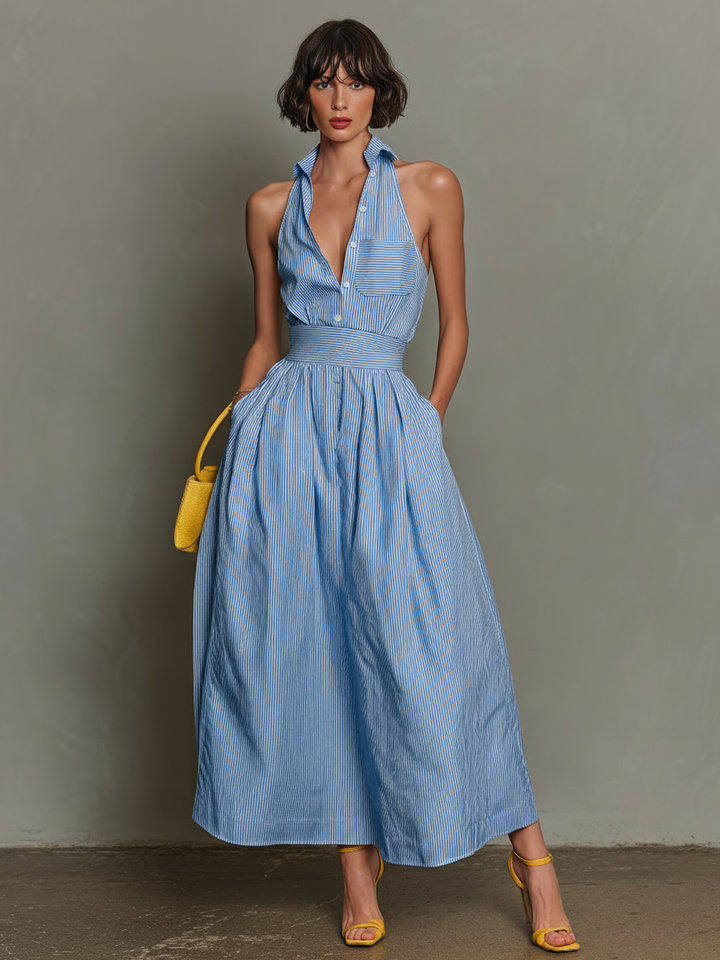 Vestido Maxi Sin Mangas con Cuello Rayado Minimalista para Mujeres MDZ1099D5Y