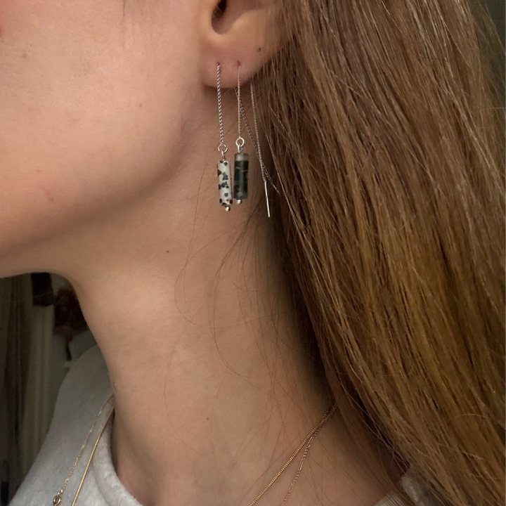 Pendientes threader en filigrana con Jaspe Dalmatien – Plata de Ley 925, hecho a mano