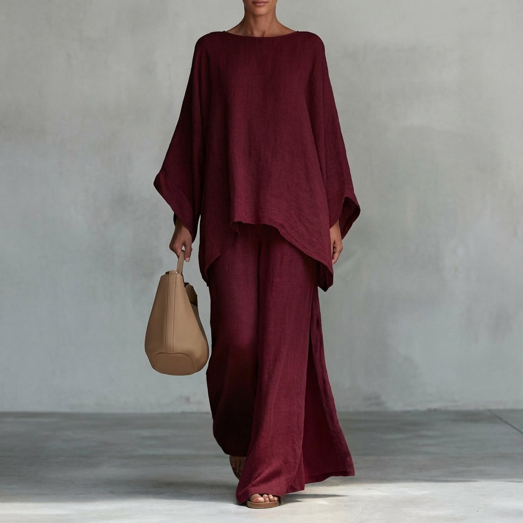 Christine | Conjunto de dos piezas con blusa de mangas largas y pantalón amplio