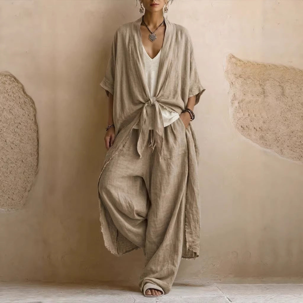 Conjunto de Kimono de Lino Sobredimensionado y Pantalón Ancho de Dos Piezas