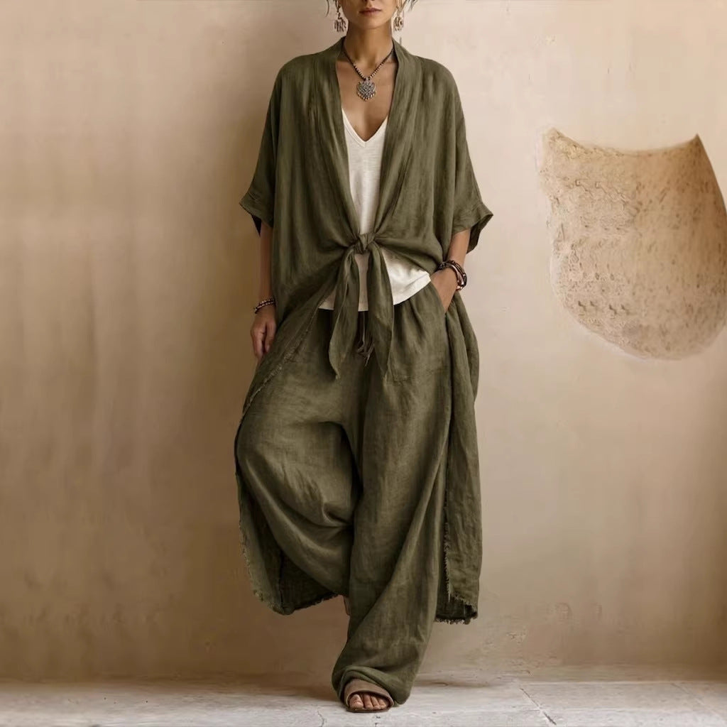 Conjunto de Kimono de Lino Sobredimensionado y Pantalón Ancho de Dos Piezas