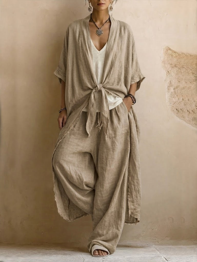 Conjunto de Kimono de Lino Sobredimensionado y Pantalón Ancho de Dos Piezas