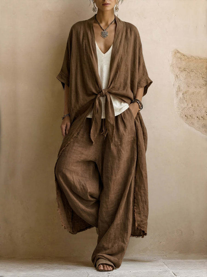 Conjunto de Kimono de Lino Sobredimensionado y Pantalón Ancho de Dos Piezas