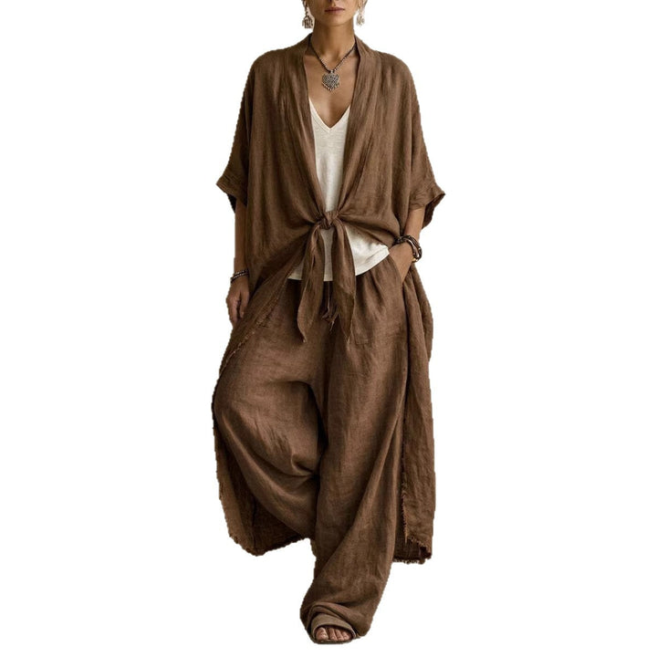 Conjunto de Kimono de Lino Sobredimensionado y Pantalón Ancho de Dos Piezas