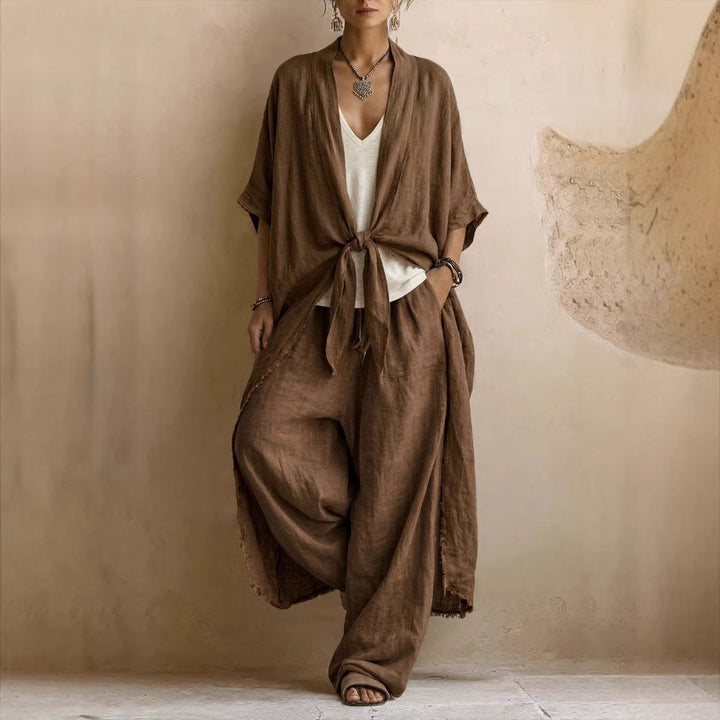 Conjunto de Kimono de Lino Sobredimensionado y Pantalón Ancho de Dos Piezas