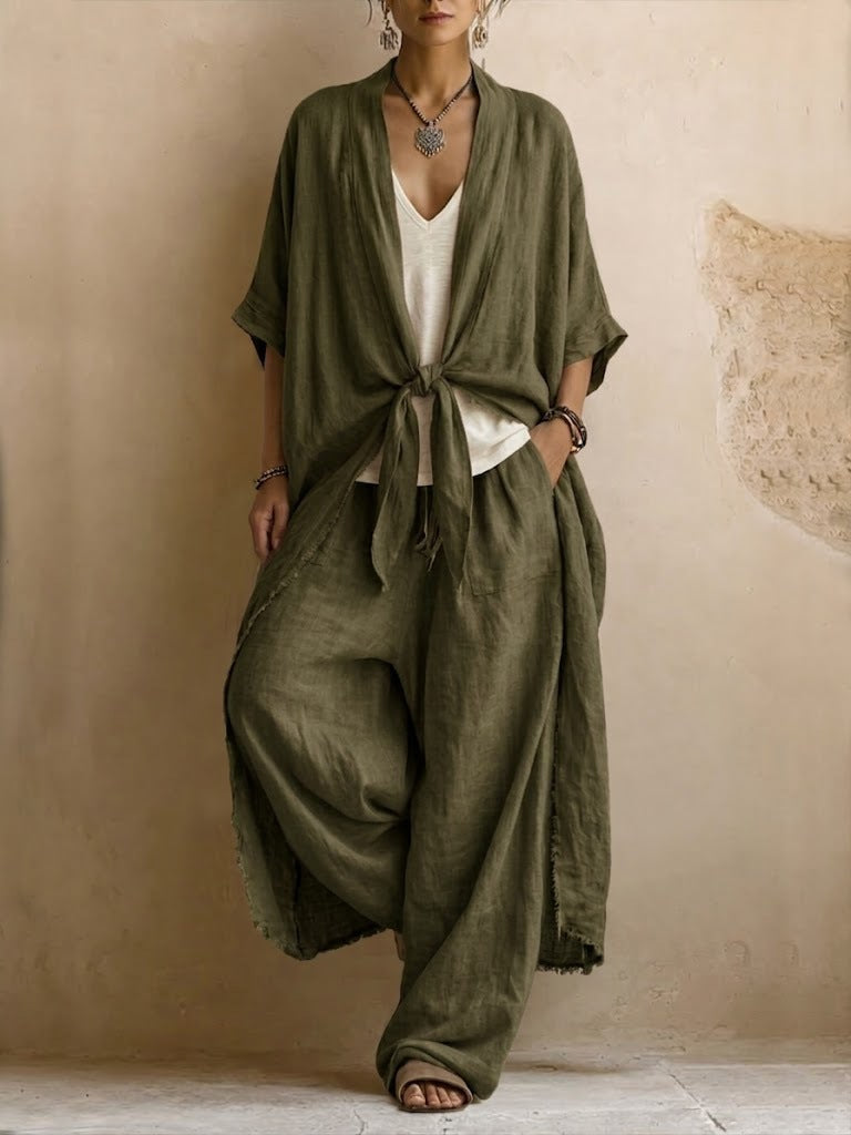 Conjunto de Kimono de Lino Sobredimensionado y Pantalón Ancho de Dos Piezas