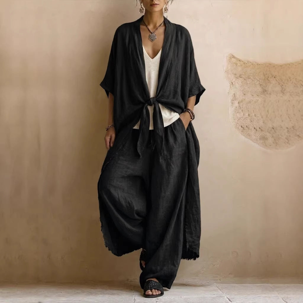 Conjunto de Kimono de Lino Sobredimensionado y Pantalón Ancho de Dos Piezas
