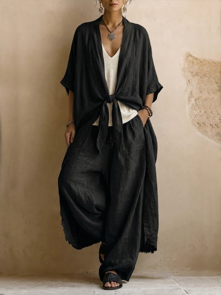 Conjunto de Kimono de Lino Sobredimensionado y Pantalón Ancho de Dos Piezas