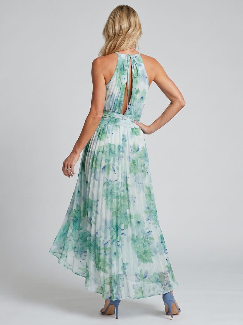 Portia | Vestido Midi de Flores Suaves con Escote Halter Plisado