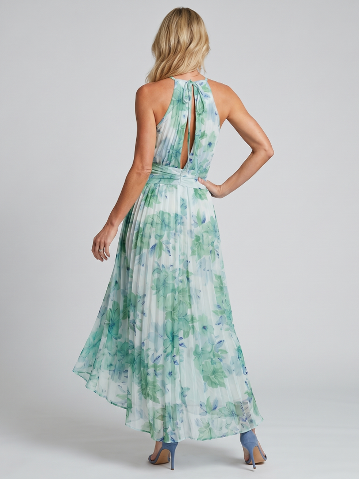 Portia | Vestido Midi de Flores Suaves con Escote Halter Plisado