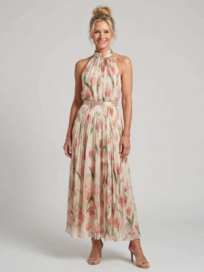 Aurelle | Vestido Midi de Flores con Escote Halter
