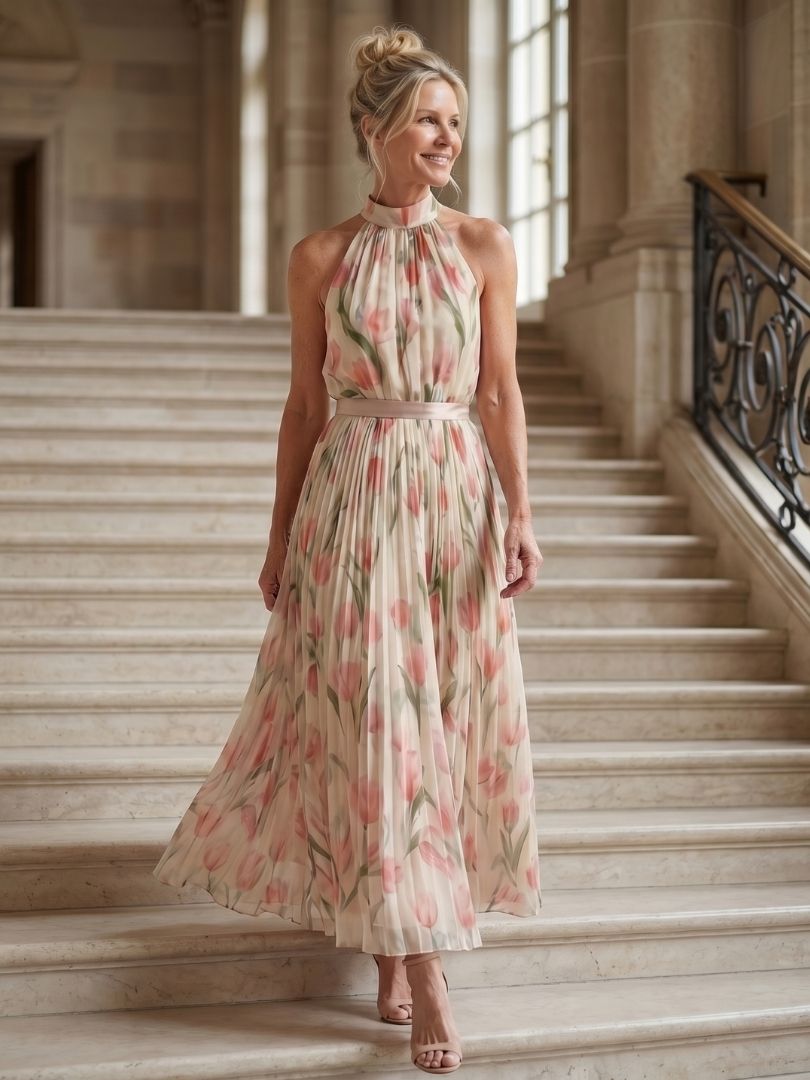 Aurelle | Vestido Midi de Flores con Escote Halter
