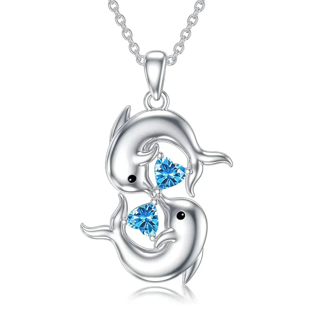 Collar de Plata con Delfines Dobles y Cristal Azul