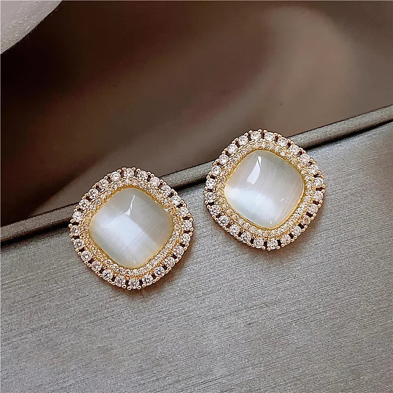 Pendientes cuadrados elegantes con ópalo y circonita