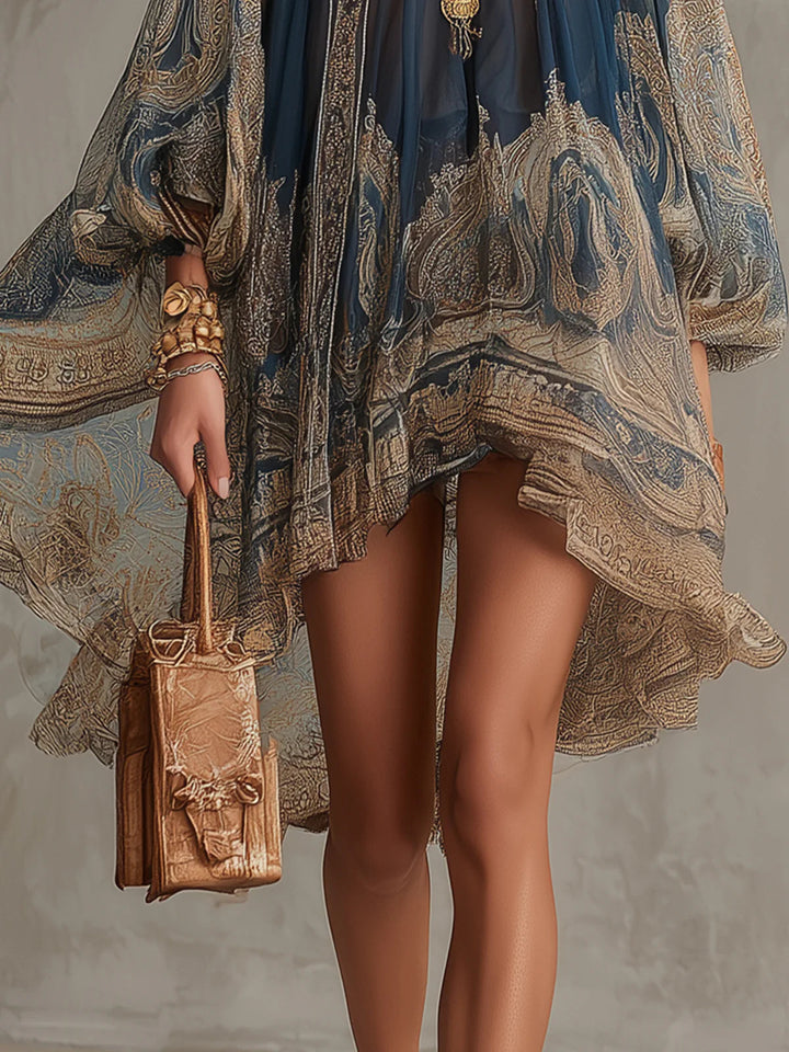 Bérénice | Mini Vestido de Muselina Asimétrica con Estampado Barroco en Azul Marino y Cuello Alto