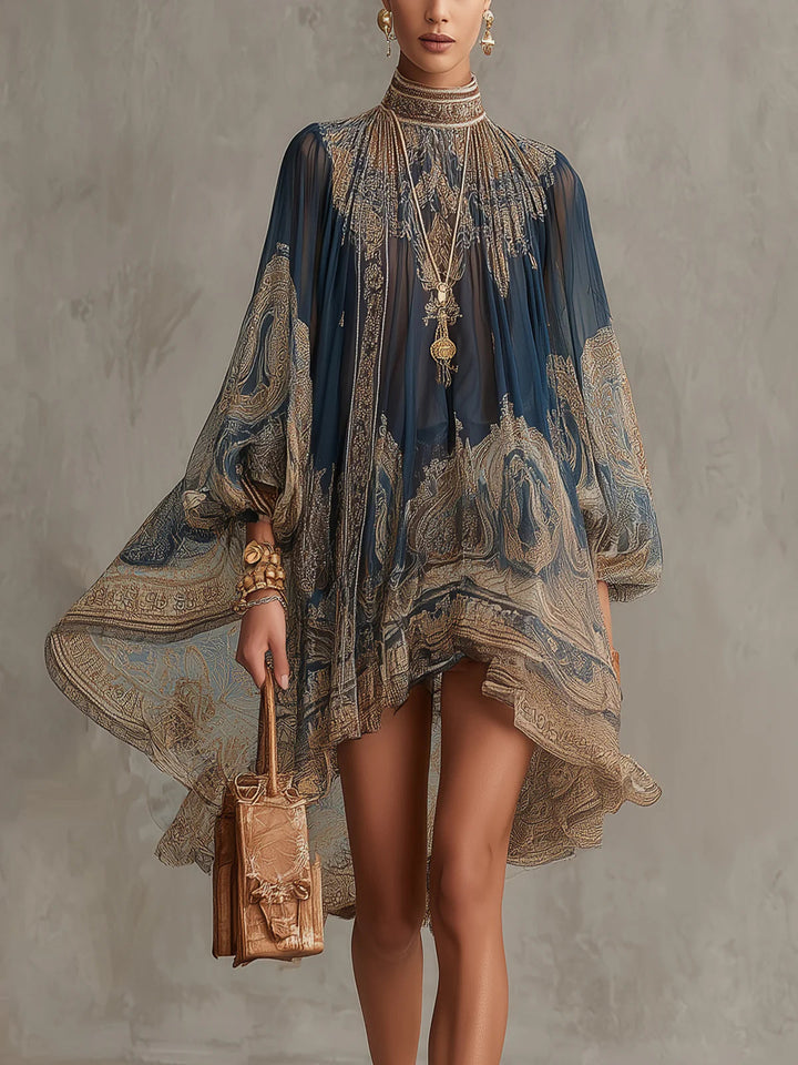 Bérénice | Mini Vestido de Muselina Asimétrica con Estampado Barroco en Azul Marino y Cuello Alto