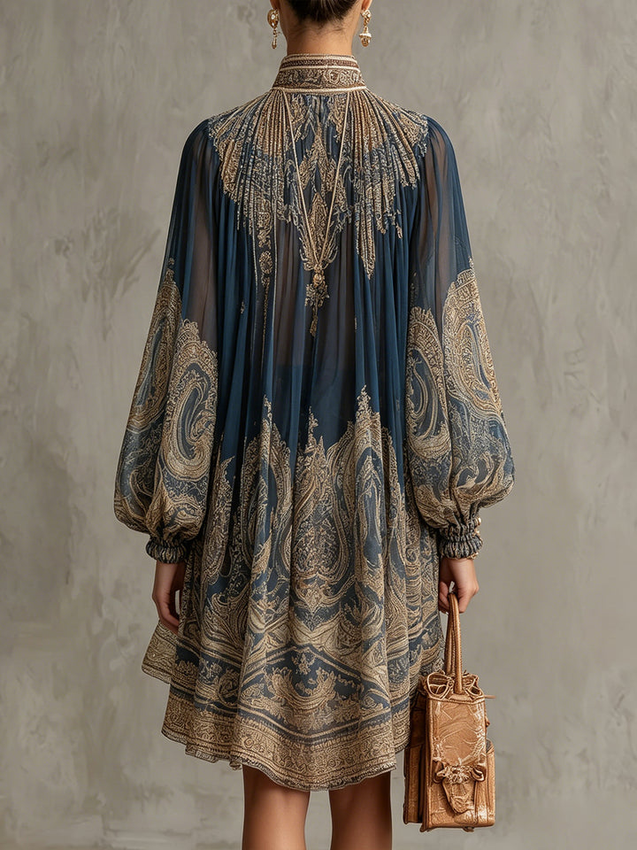 Bérénice | Mini Vestido de Muselina Asimétrica con Estampado Barroco en Azul Marino y Cuello Alto
